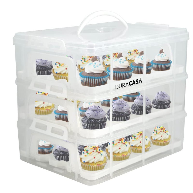 DuraCasa Cupcake Carrier, Cupcake Holder | Premium Upgraded Model Holds Cupcakes Steadier | Store up to 36 Cupcakes or Muffins | Stacking Cupcake Storage Container | Use 1,2, or 3 Tiers (White) - Image 1